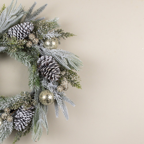 26" FROSTED PINE, GLITTER BALL & PINECONE WREATH