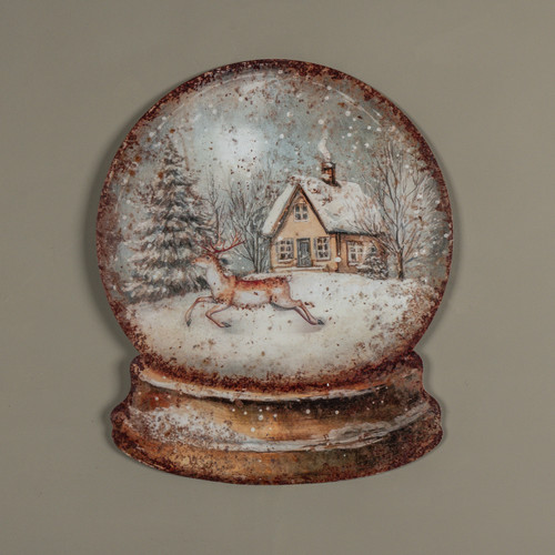 23.5" HOUSE & DEER SNOW GLOBE METAL SIGN