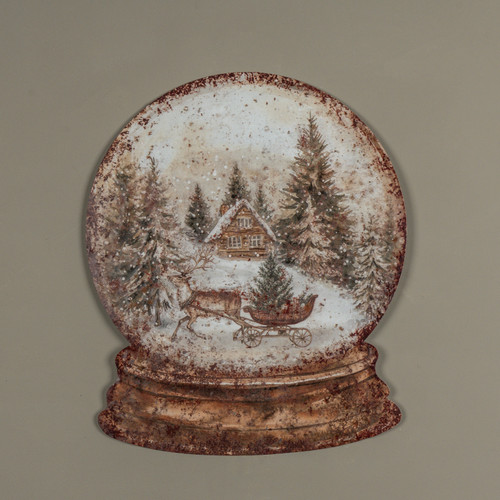 23.5" CABIN & SLED SNOW GLOBE METAL SIGN