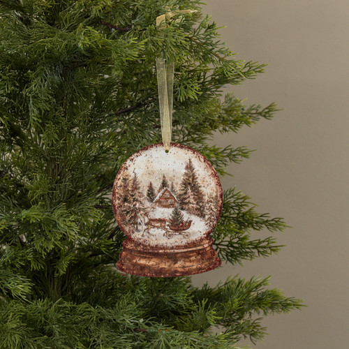 6" CABIN & SLED SNOW GLOBE METAL ORNAMENT