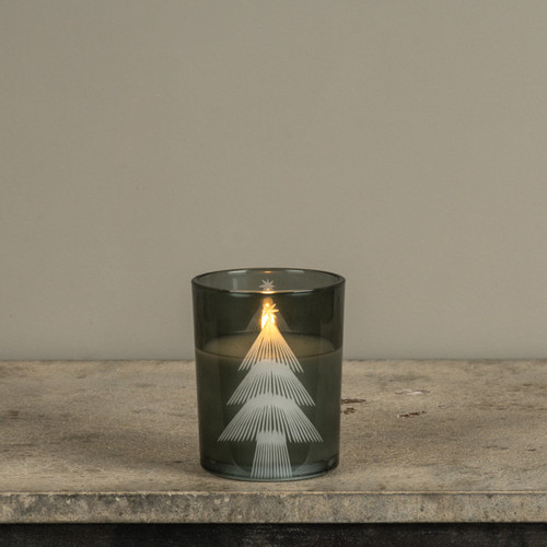 5" ETCHED TREE GREEN GLASS 3D FLAME CANDLE