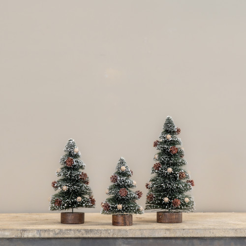 SET/3 SPIRAL CUT BOTTLEBRUSH TREES W/ NEUTRAL ORNAMENTS