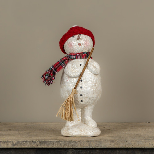GLITTERED SNOWMAN W/ RED KNIT HAT & BROOM