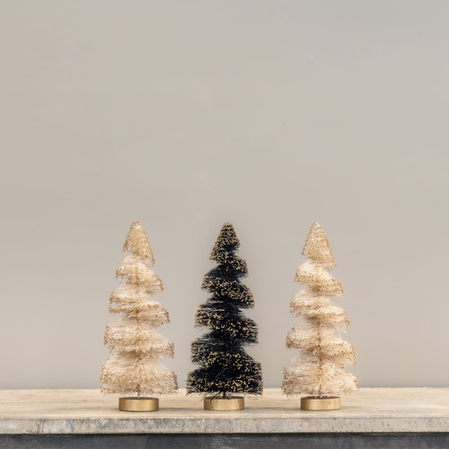 SET/3 CREAM & BLACK GOLD GLITTERED 9.75" BOTTLEBRUSH TREES