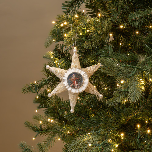 GLITTERED CREAM STAR W/ SANTA ORNAMENT