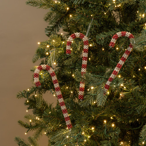 SET/ 3 RED & WHITE BEADED CANDY CANE ORNAMENT