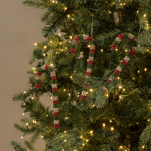SET/ 3 GREEN, RED & WHITE BEADED CANDY CANE ORNAMENT