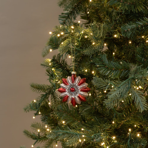 RED STRIPED ORNAMENT W/ SILVER TINSEL