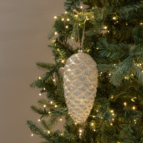 8.5" CREAM PINECONE W/ SILVER GLITTER ORNAMENT