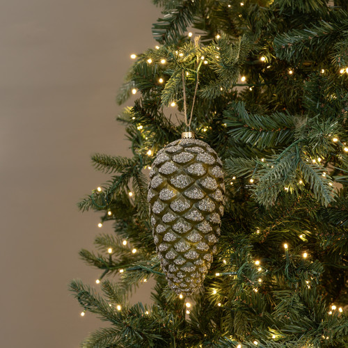 8.5" GREEN PINECONE W/ SILVER GLITTER ORNAMENT