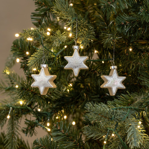 SET/ 3 SILVER & WHITE STAR ORNAMENTS