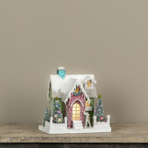 LIGHTED COLORFUL HOUSE W/ TEAL CHIMNEY