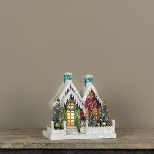 LIGHTED COLORFUL HOUSE W/ TWO TEAL CHIMNEYS
