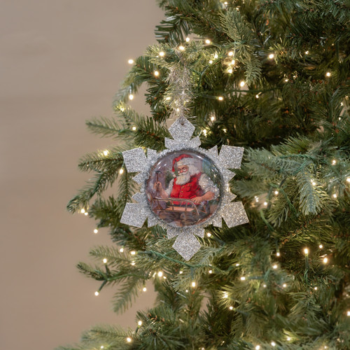 GLITTERED SILVER SNOWFLAKE W/ SANTA ORNAMENT