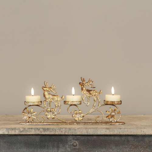 13" GOLD REINDEER PILLAR TEALIGHT HOLDER