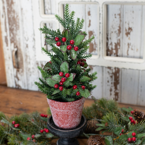 12" POTTED GLITTERY HOLLY & PINE TREE