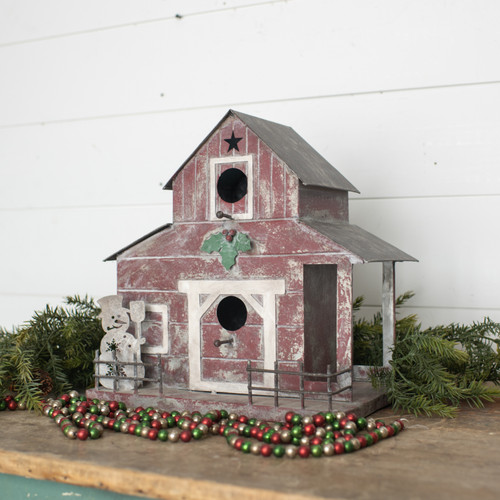 RED BARN BIRDHOUSE WITH SNOWMAN