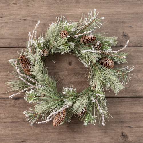 14" SNOWY PINE WREATH WITH TWIGS & CONES
