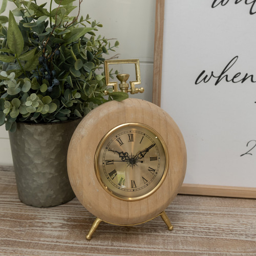 ROUND WOOD & GOLD TABLETOP CLOCK