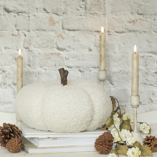 7.5" CREAM LOOP STITCH FABRIC PUMPKIN W/ FAUX WOOD STEM