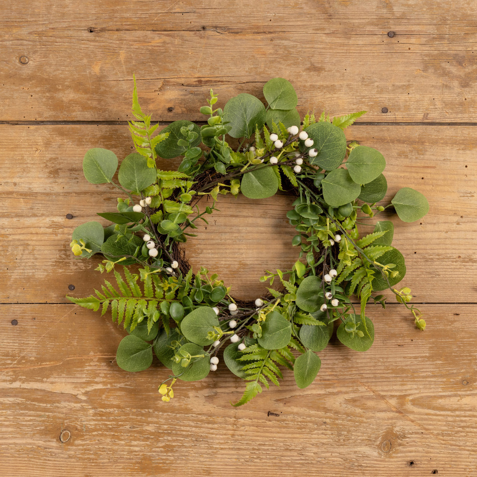 14" GREEN & WHITE MIXED FOLIAGE W/ BERRIES CANDLE RING