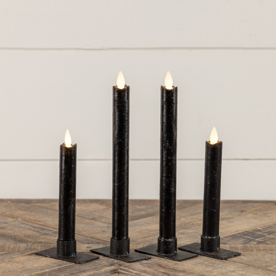 SET/ 2 - 9.5" MOVING FLAME BLACK TAPER CANDLE