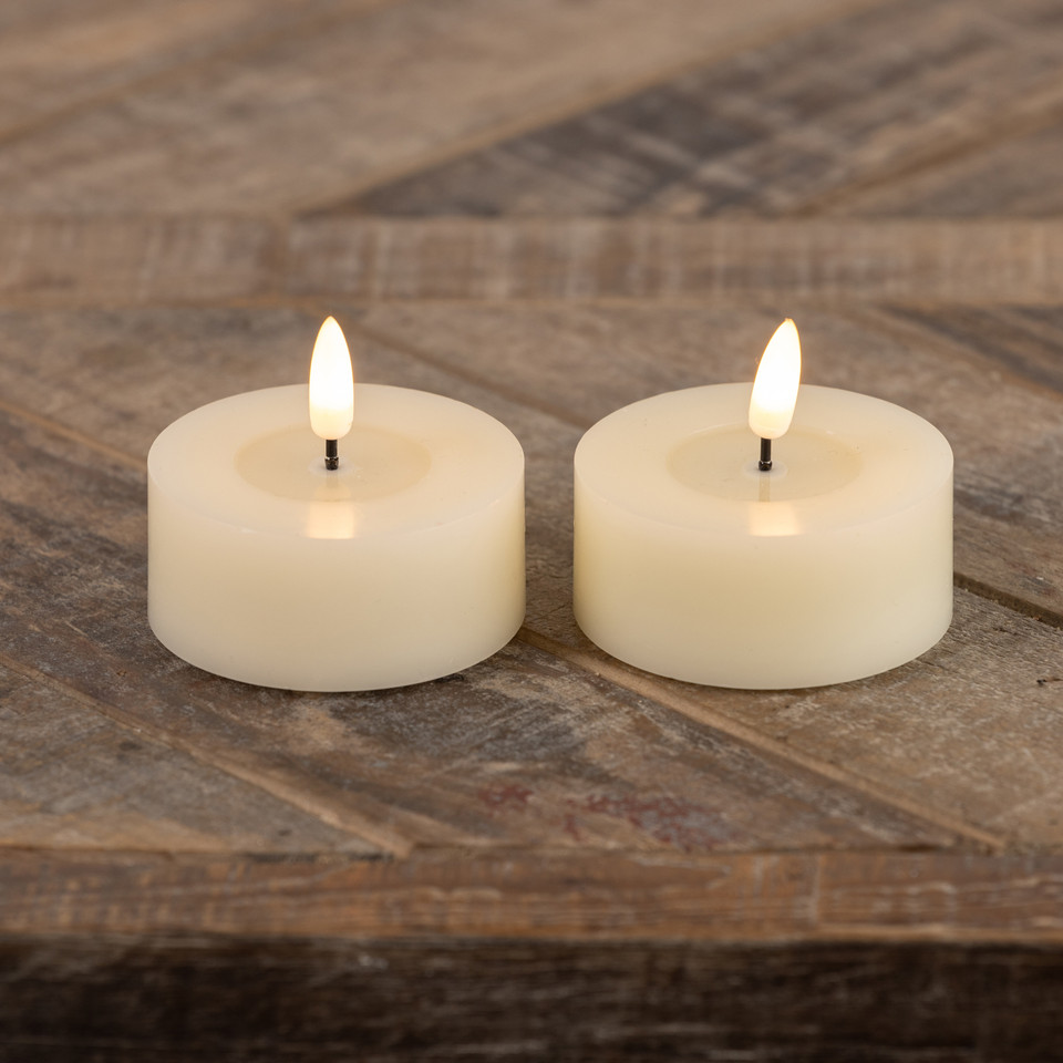 SET/ 2 - OVERSIZED 3D FLAME CREAM TEALIGHT CANDLES W/ MELTING EFFECT