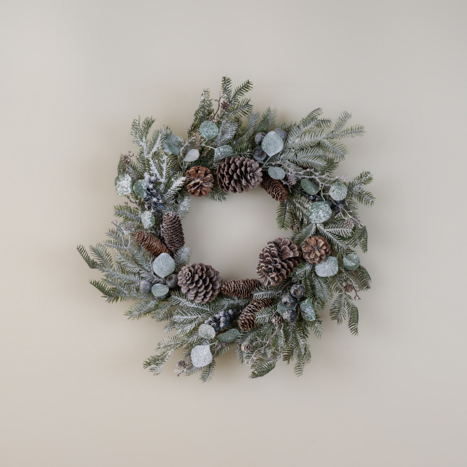 24" SNOWY EUCALYPTUS & PINE WREATH W/ BLUE BERRIES