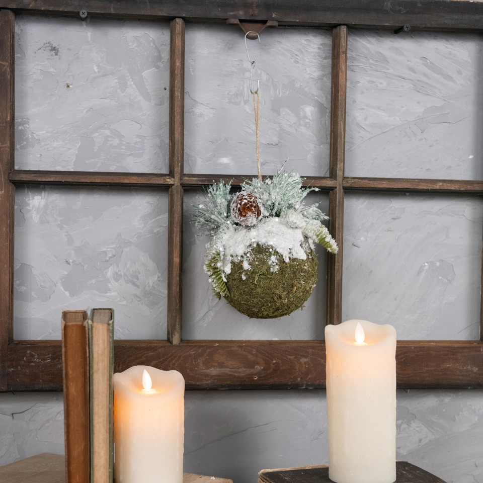 6" SNOW COVERED MOSS BALL & PINE ORNAMENT