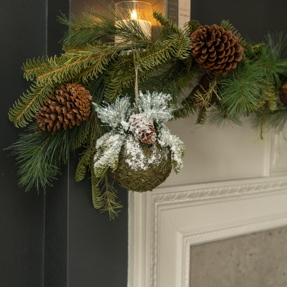 6" SNOW COVERED MOSS BALL & PINE ORNAMENT