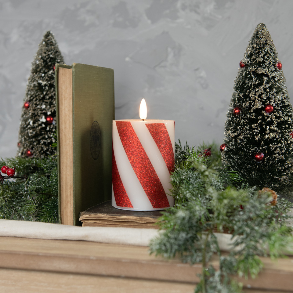 4" RED 3D FLAME CANDY CANE PILLAR CANDLE