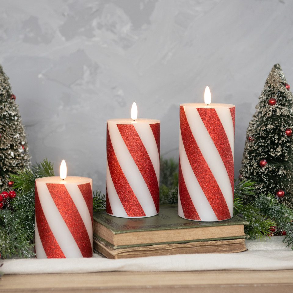 4" RED 3D FLAME CANDY CANE PILLAR CANDLE