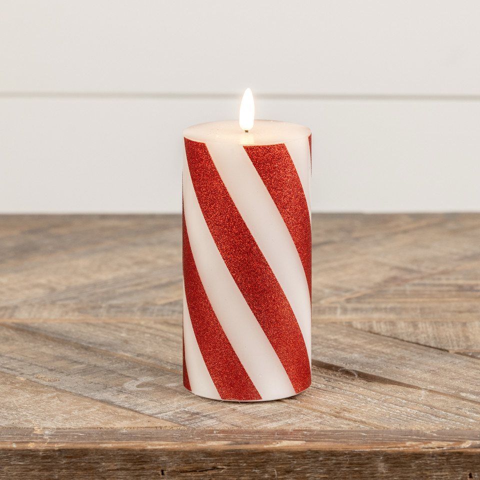 6" RED 3D FLAME CANDY CANE PILLAR CANDLE