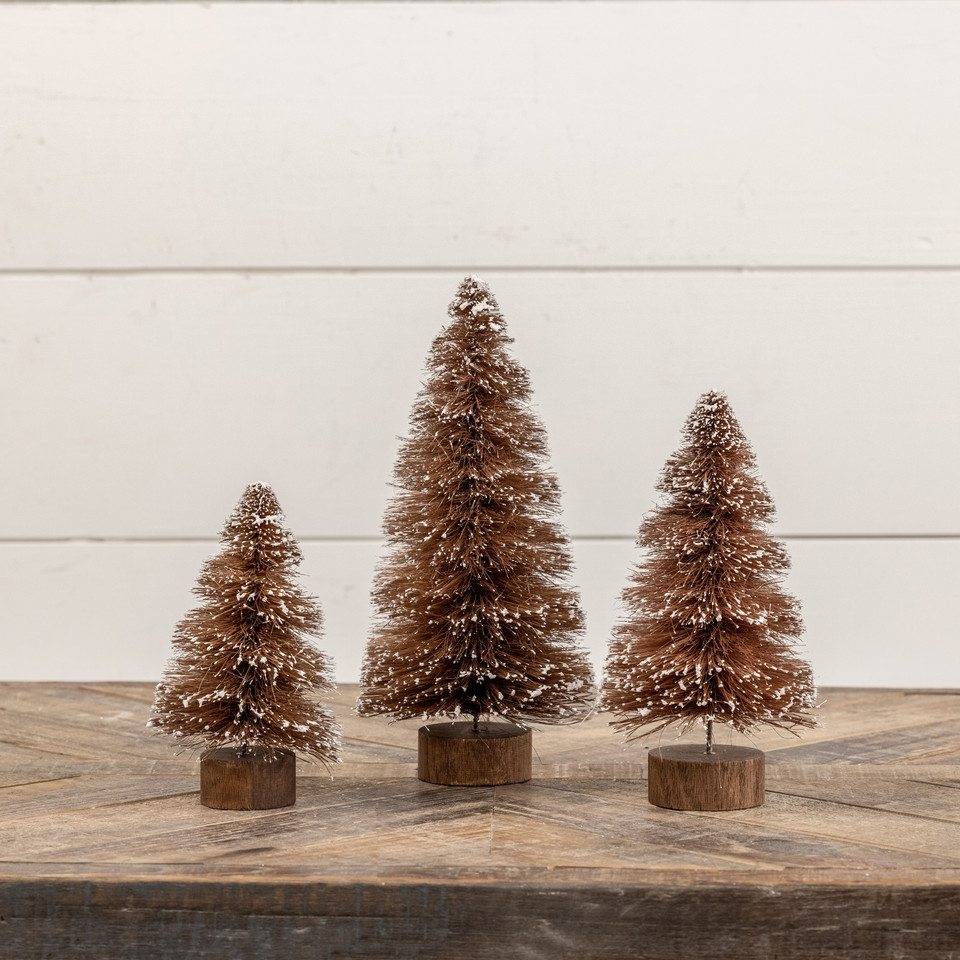SET/ 3 BROWN BOTTLEBRUSH TREES W/ WHITE TIPS