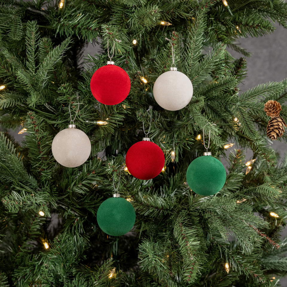 SET/ 6 - 2.5" GREEN, RED & IVORY FLOCKED BALLS