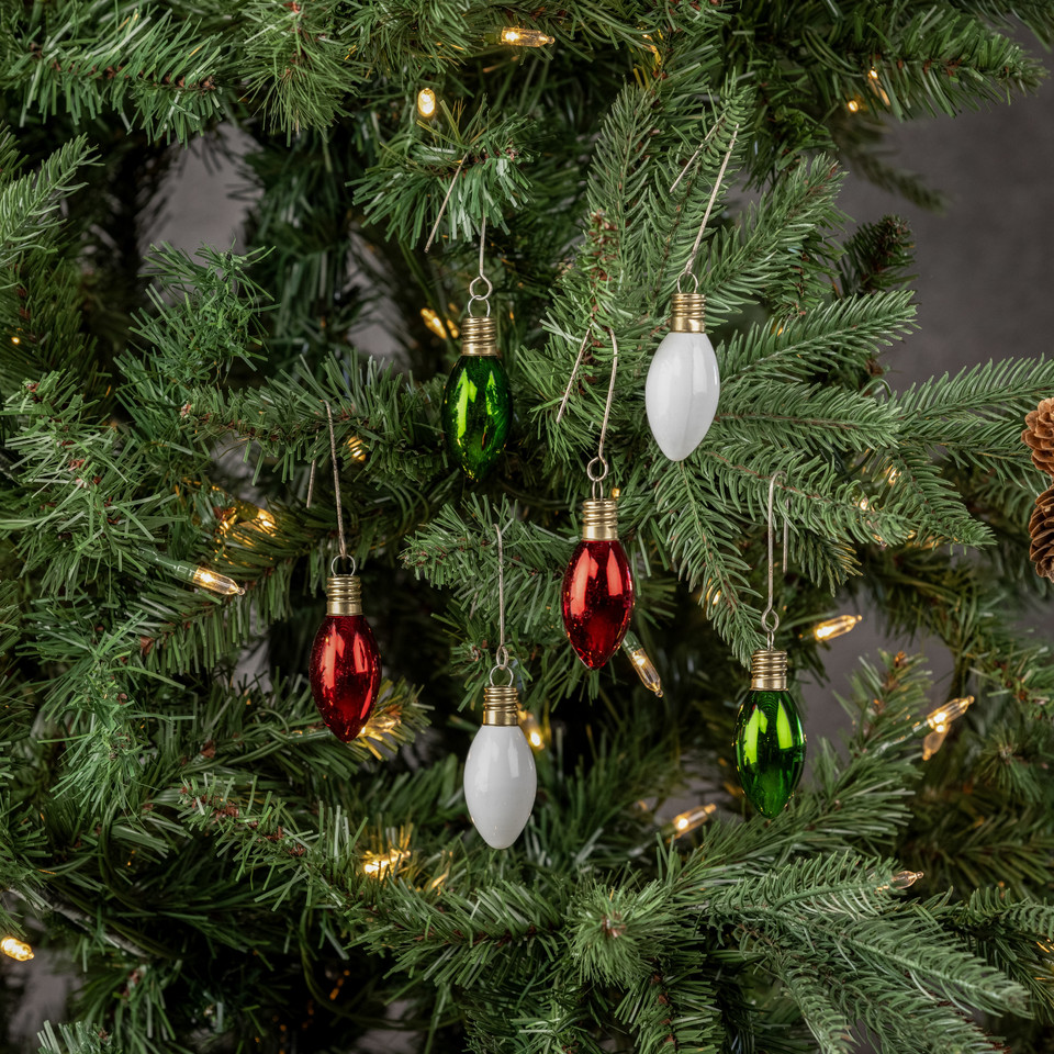 SET/ 6 GREEN, RED & WHITE GLASS BULBS