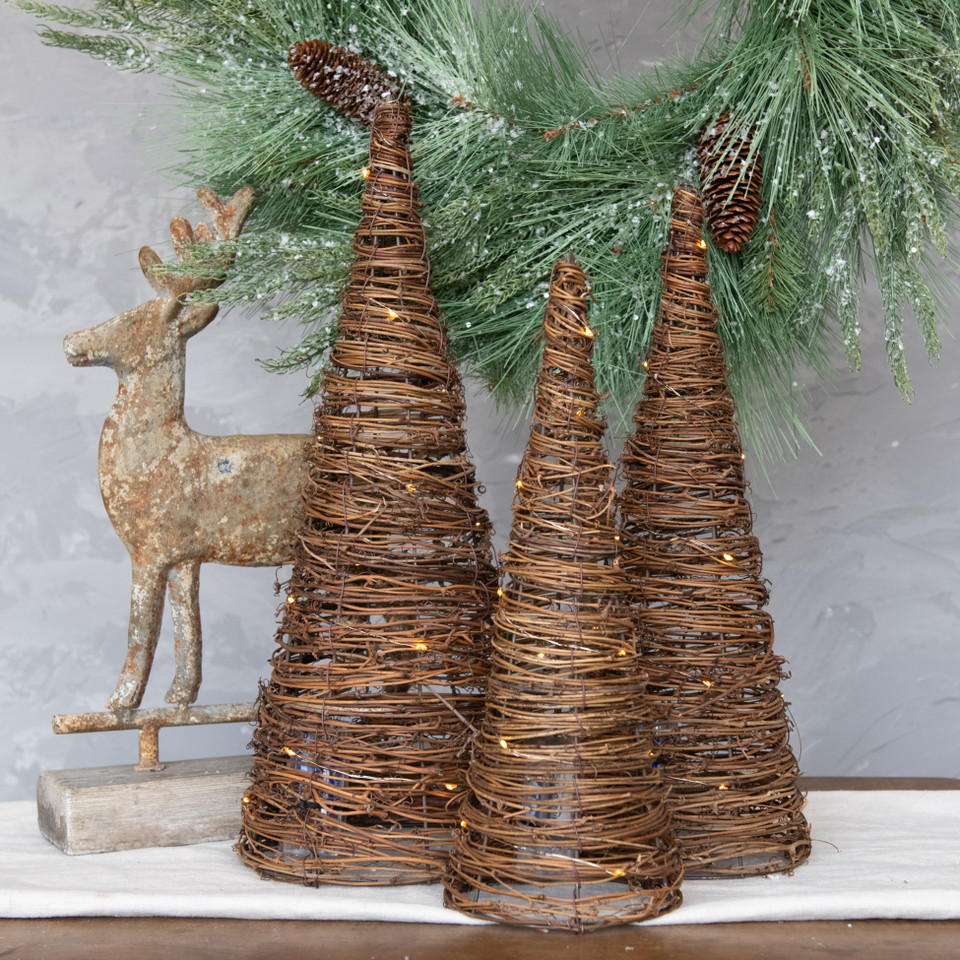 SET/ 3 LIGHTED GRAPEVINE CONE TREES