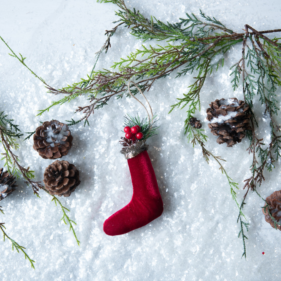 WINE VELVET STOCKING ORNAMENT