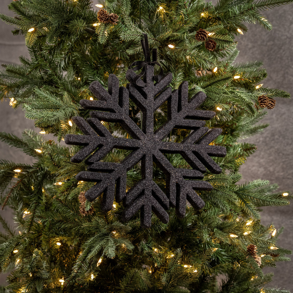 13" BLACK SNOWFLAKE ORNAMENT W/ GLITTER