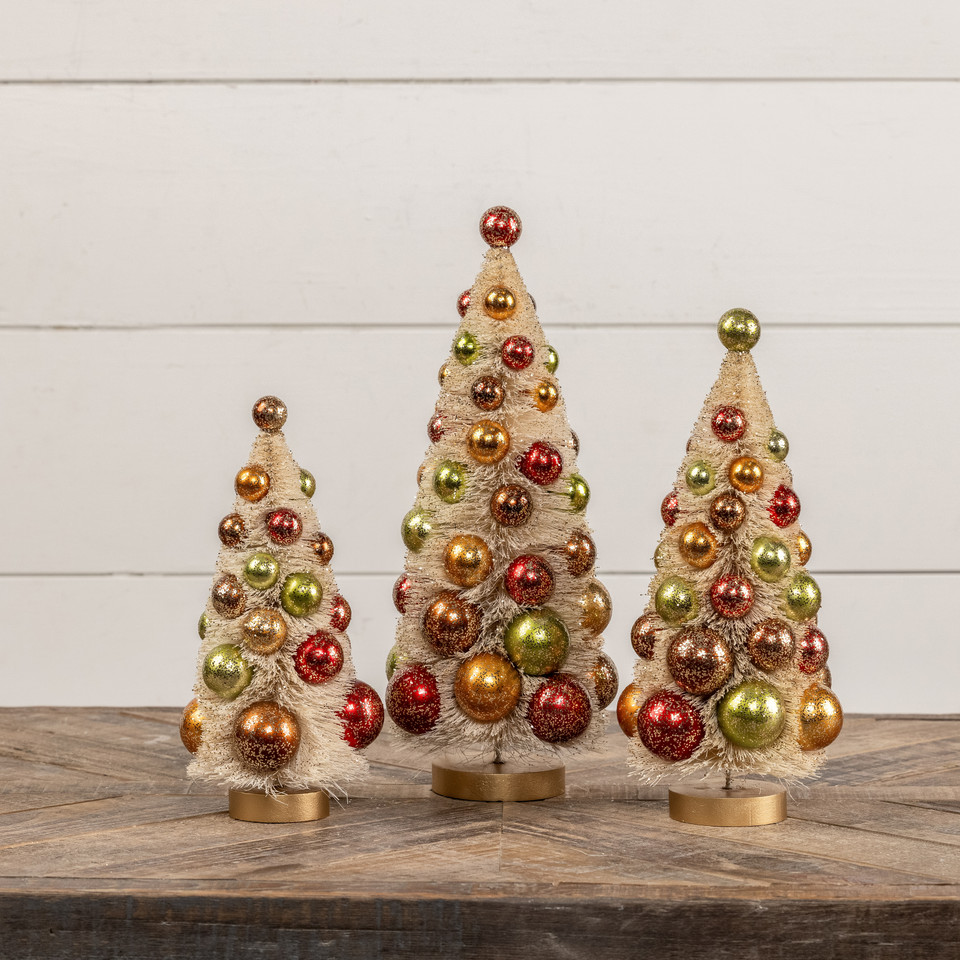 SET/ 3 CREAM BOTTLEBRUSH TREES W/ ASSORTED GOLD GLITTERED BULBS