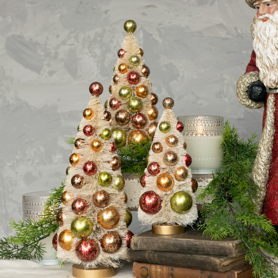 SET/ 3 CREAM BOTTLEBRUSH TREES W/ ASSORTED GOLD GLITTERED BULBS