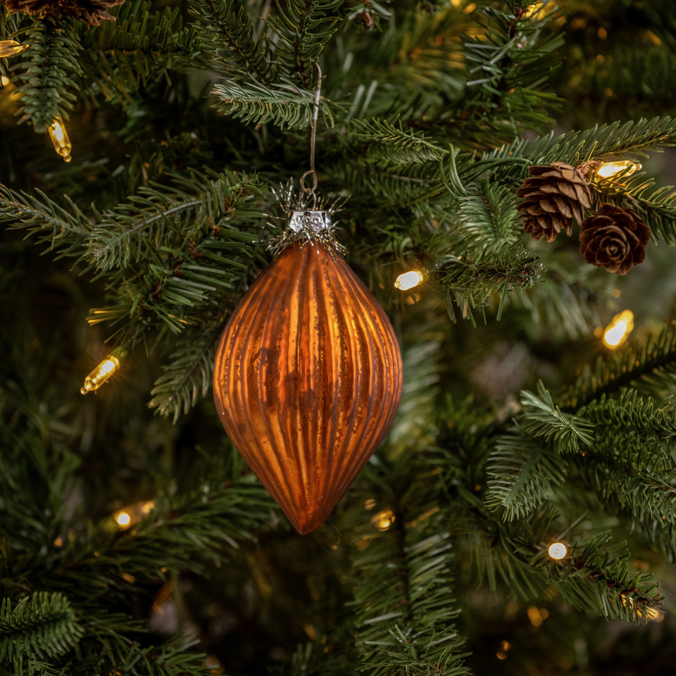 ORANGE GLASS ORNAMENT W/ TINSEL TOP
