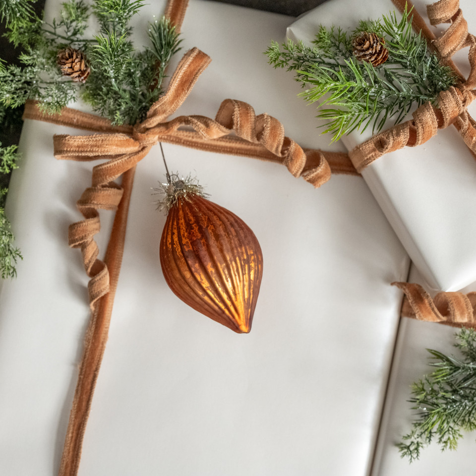 ORANGE GLASS ORNAMENT W/ TINSEL TOP