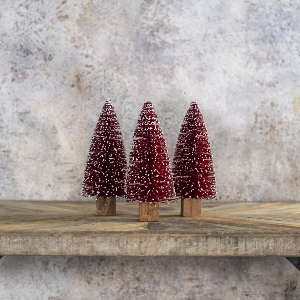 SET/ 3 - 10" BURGUNDY BOTTLEBRUSH TREES W/ SNOWY TIPS