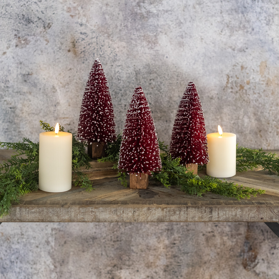SET/ 3 - 10" BURGUNDY BOTTLEBRUSH TREES W/ SNOWY TIPS
