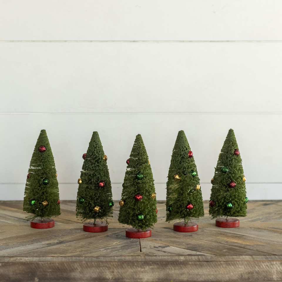 SET/ 5 - 8" GREEN BOTTLEBRUSH TREES W/ JINGLE BELLS