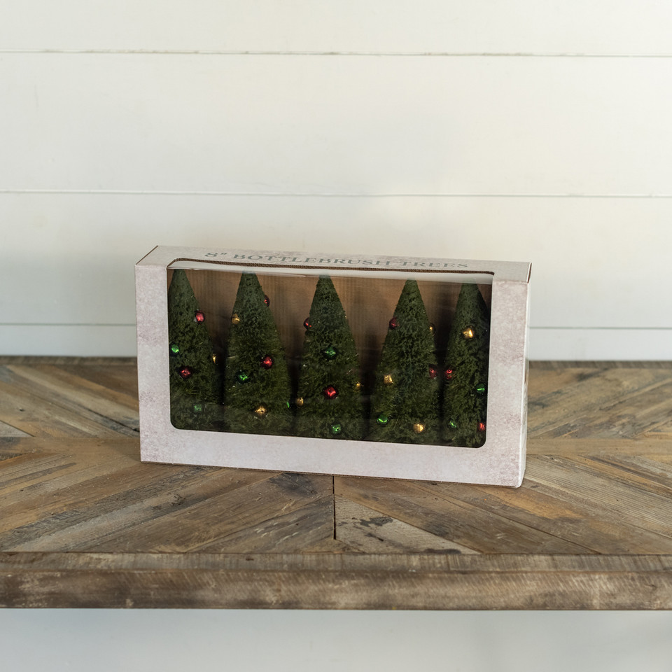 SET/ 5 - 8" GREEN BOTTLEBRUSH TREES W/ JINGLE BELLS