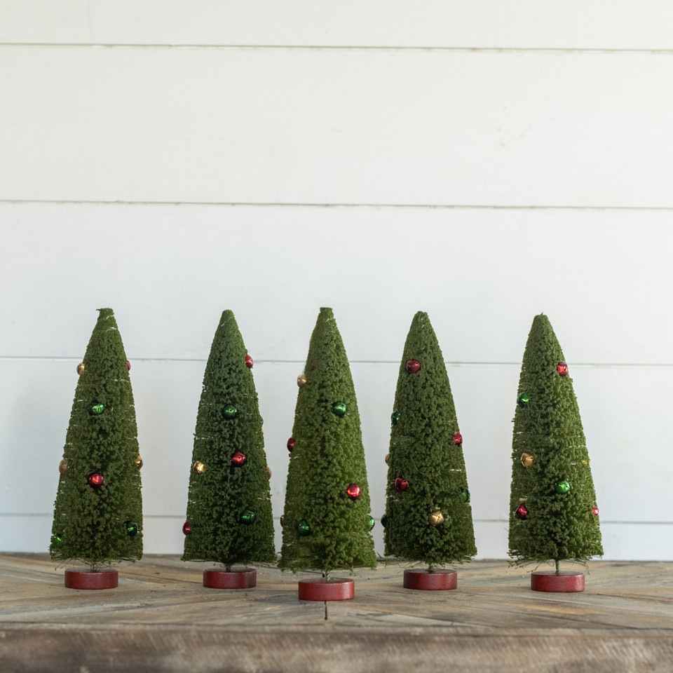 SET/ 5 - 10" GREEN BOTTLEBRUSH TREES W/ JINGLE BELLS