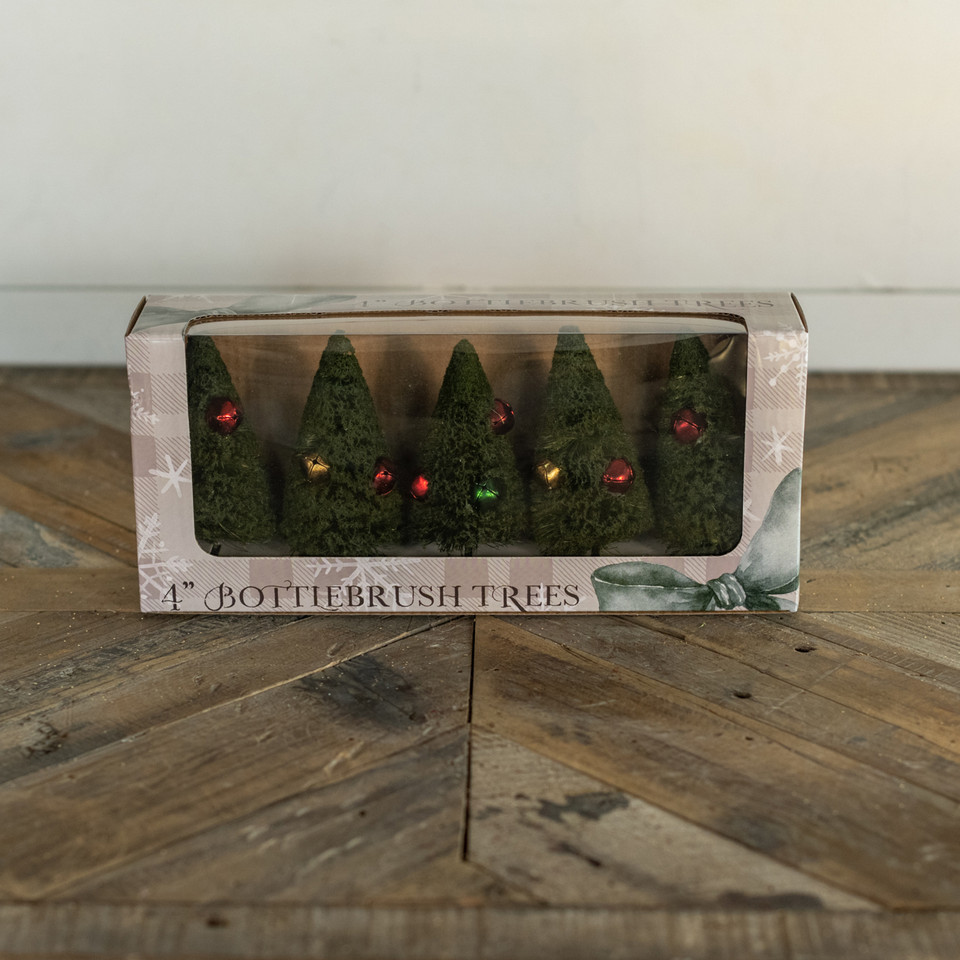 SET/ 5 - 4" GREEN BOTTLEBRUSH TREES W/ JINGLE BELLS
