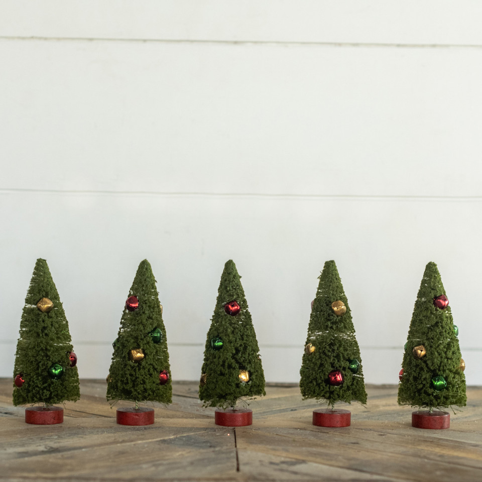 SET/ 5 - 6" GREEN BOTTLEBRUSH TREES W/ JINGLE BELLS